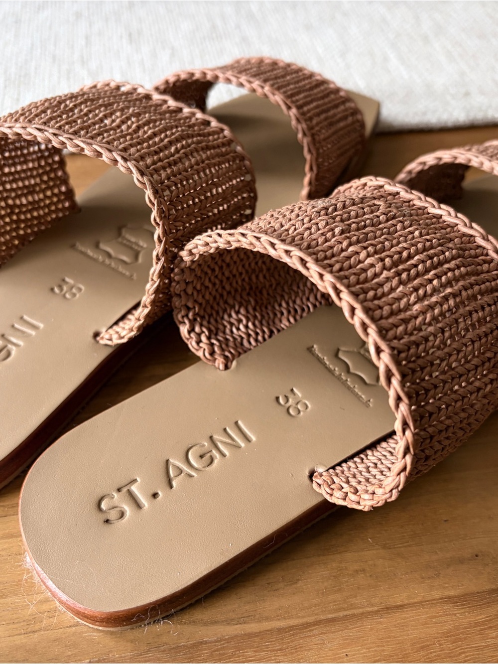 St. Agni Brown Woven Double-Strap Slide Sandals